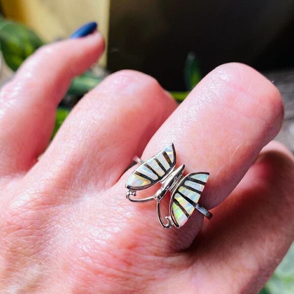White Opal Butterfly Sterling Silver Ring Size 9 - Picture 4 of 7